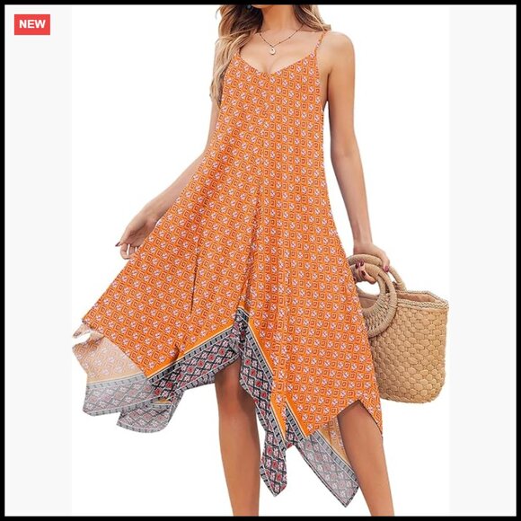 Boho Sundress Cover Up Flowy Midi Dress Spaghetti Strap Beach Vacation Wear